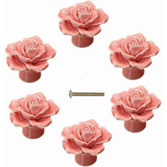Ceramic Elegant Rose Flower Cabinet Knobs, 6Pcs Red Vintage Kitchen Rose Flower Drawer Knobs Pull Handles for Girl's Room Dresser Cupboard Wardrobe with the Screw (6 Pack)