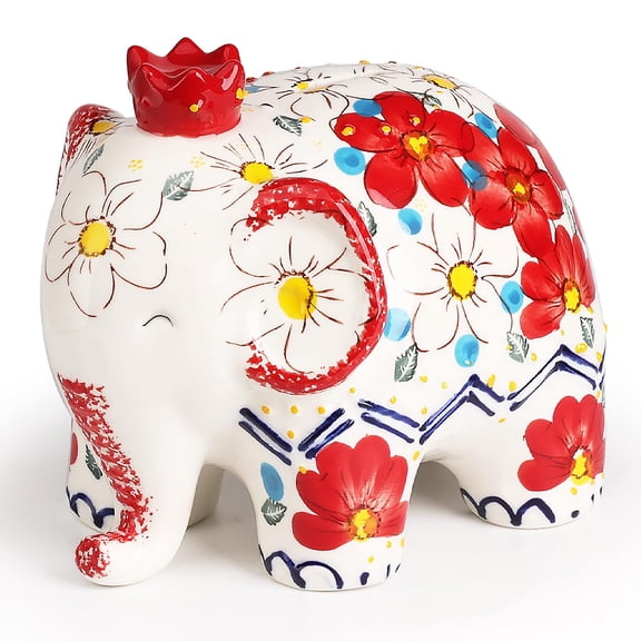 Ceramic Elephant Piggy Bank Flowering Red Hand-Painted Decorative Money Container