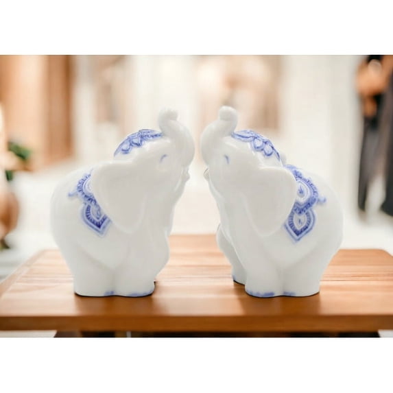 Ceramic Elephant Salt and Pepper Shakers Blue Print 4.125 Inch Gift