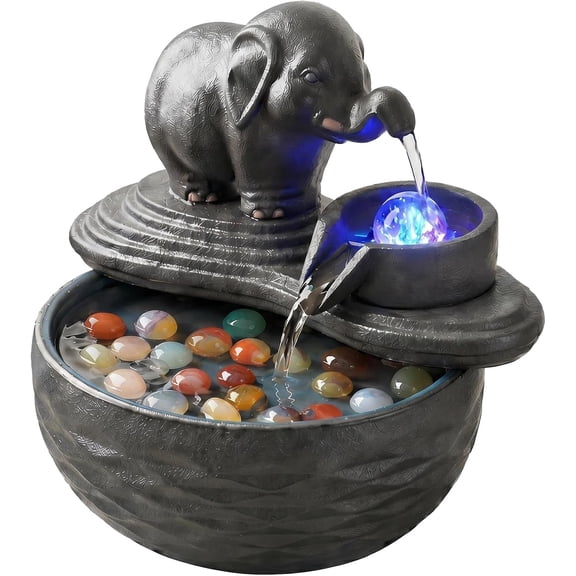 Ceramic Elephant Tabletop Water Fountain Small Indoor with LED Light, Crystal Ball & Stones, Desktop Waterfall Pump, Zen Home Decor for Living Room Office Bedroom, 7.8" Tall