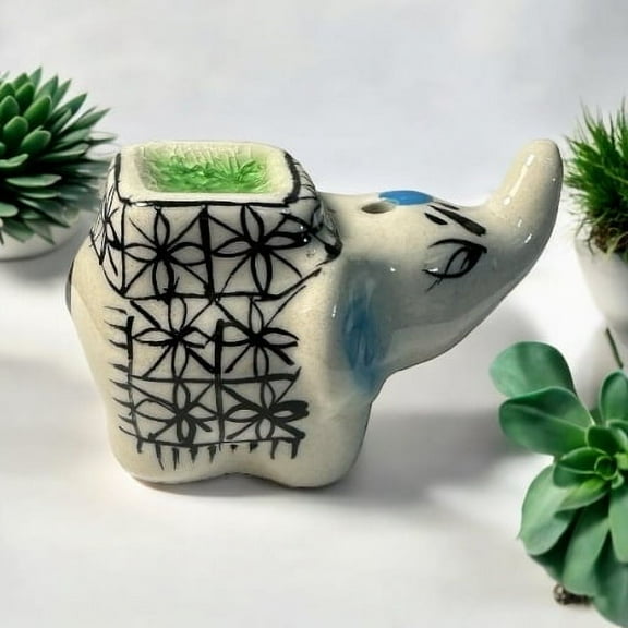 Blue Ceramic Elephant Incense Holder Hand-Painted Mini Figurine Burner