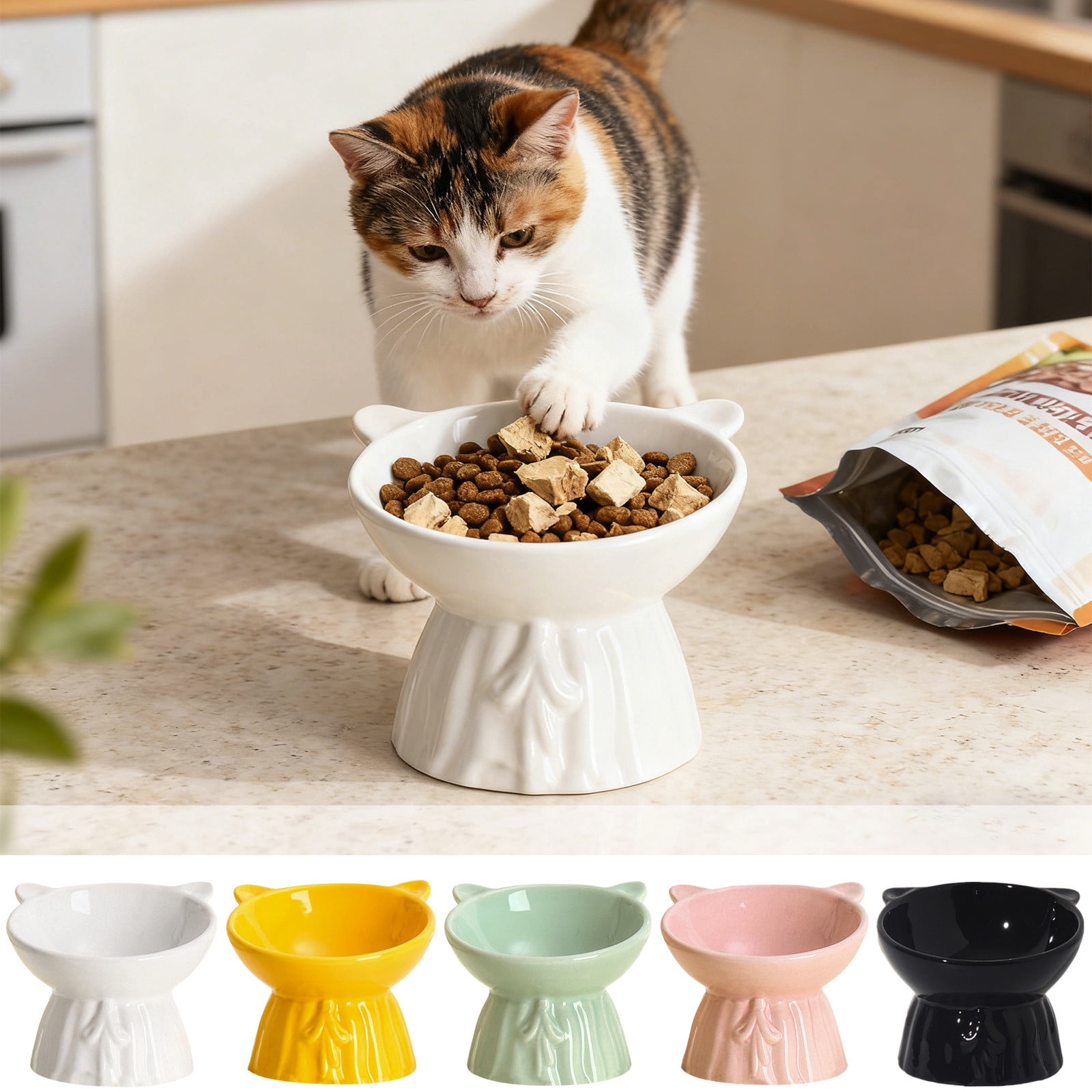 Ceramic Elevated Cat Bowls, Extra Wide Raised Cat Bowls for Food and Water, Shallow Cat Food Dish Whisker Friendly, Anti Vomit Cat Bowl,Microwave and Dishwasher Safe, Great Height for Cat(5PC-Set)