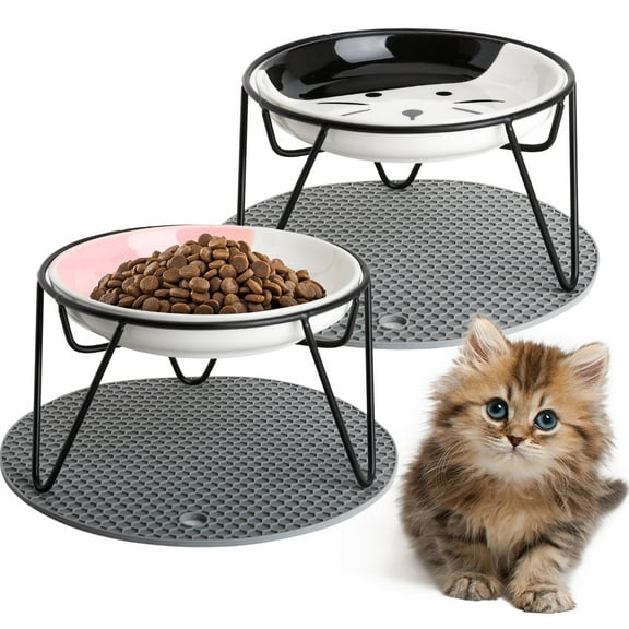 Ceramic Elevated Cat Food Bowls, with Non-Slip Mat,Raised Cat Bowls for Indoor Cats, Ceramic Cat Food Bowls with Stand,Cat Bowl Whisker Friendly(Black+Pink)