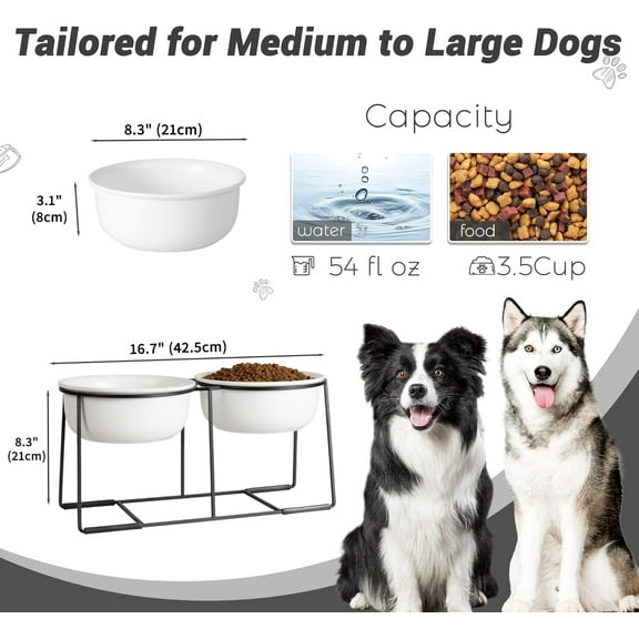 Ceramic Elevated Dog Bowl Set - Raised Double Feeding Bowls with Metal Stand - Pet Dishes for Medium and Large Dogs - 3.5 Cups - 54 fl oz - Matte White
