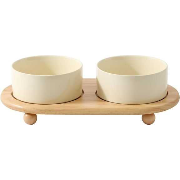 Ceramic Elevated Dog Bowls, Food and Water Bowls for Dogs, Puppy, Raised Dog Dish, Pet Feeder(6inch, 2 x Beige + Stand)