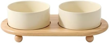 Ceramic Elevated Dog Bowls, Food and Water Bowls for Dogs, Puppy, Raised Dog Dish, Pet Feeder(6inch, 2 x Beige + Stand)