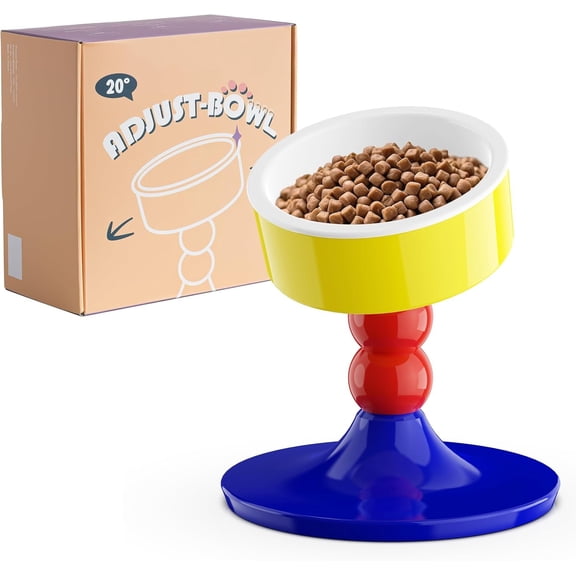 Ceramic Elevated Raised Bowls, Dish with Stand, 3 Height Adjustable Raised Bowl Stand for Small Dogs Cats, Adjusts to 4.69", 5.98", 7.28" (Red & Blue)