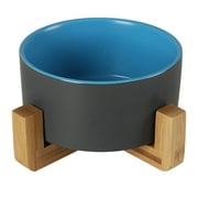 Ceramic Elevated Raised Cat Bowl with Wood Stand No Spill Pet Food Water Feeder Cats Small Dogs - Blue gray