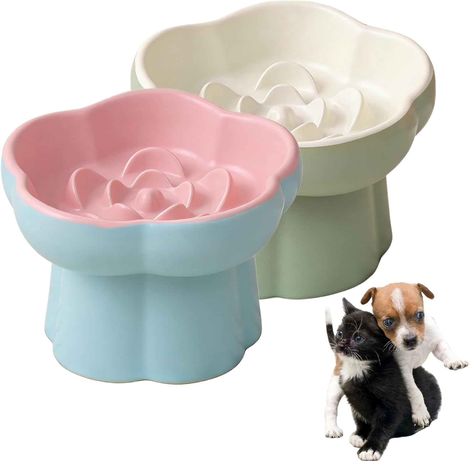 Ceramic Elevated Slow Feeder Cat Bowl,Anti Vomit Design for Whisker Fatigue Relief,Elevated Slow Feeder Bowls for Indoor Cats&Small Breeds,Perfect for Wet Food&Small Dogs
