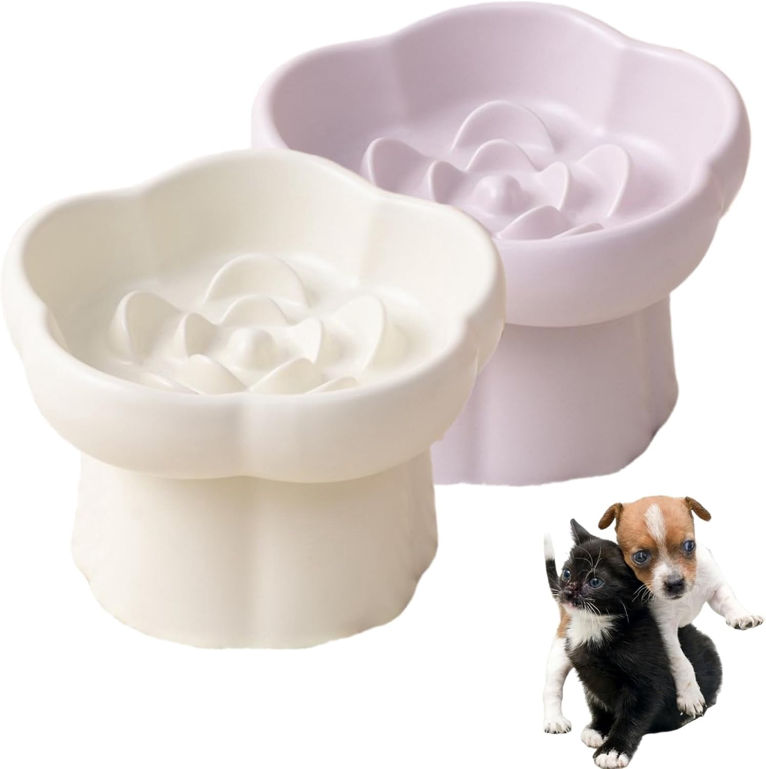 Ceramic Elevated Slow Feeder Cat Bowl,Anti Vomit Design for Whisker Fatigue Relief,Elevated Slow Feeder Bowls for Indoor Cats&Small Breeds,Perfect for Wet Food&Small Dogs