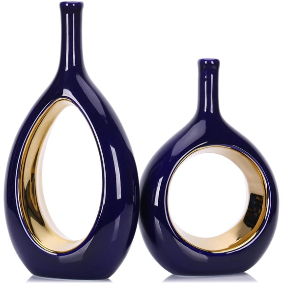 Ceramic Ellipse Hollow Vase Set Blue and Gold 2-Piece Home Decor