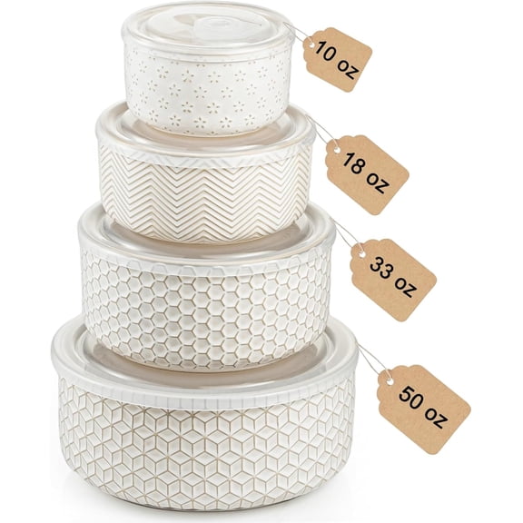 Ceramic Embossed Nesting Serving Bowls Set of 4 with Lids Microwave and Dishwasher Safe 10 18 33 50 OZ Off White Farmhouse Classic Pattern