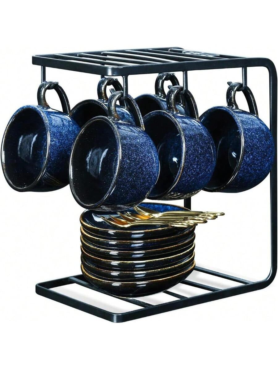 Selamica 4oz Ceramic Espresso Cups With Saucers & Metal Stand - Set Of 4 Assorted Colors