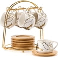 thumbnail image 1 of Ceramic Espresso Cups with Saucers and Metal Stand, Small 4 oz Porcelain Demitasse Cups Set of 6, Cute Cappuccino Coffee Cups for Double Espresso, Tea, Marbling White, 1 of 16