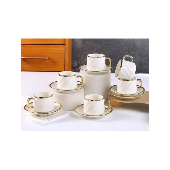 Ceramic Espresso Cups With Saucers, Small 3.2 Oz Porcelain Demitasse Cups Set Of 6, Stackable Cappuccino Coffee Mugs For Latte, Cocoa, Mocha, Tea, Housewarming Wedding Present, Dishwasher (White)