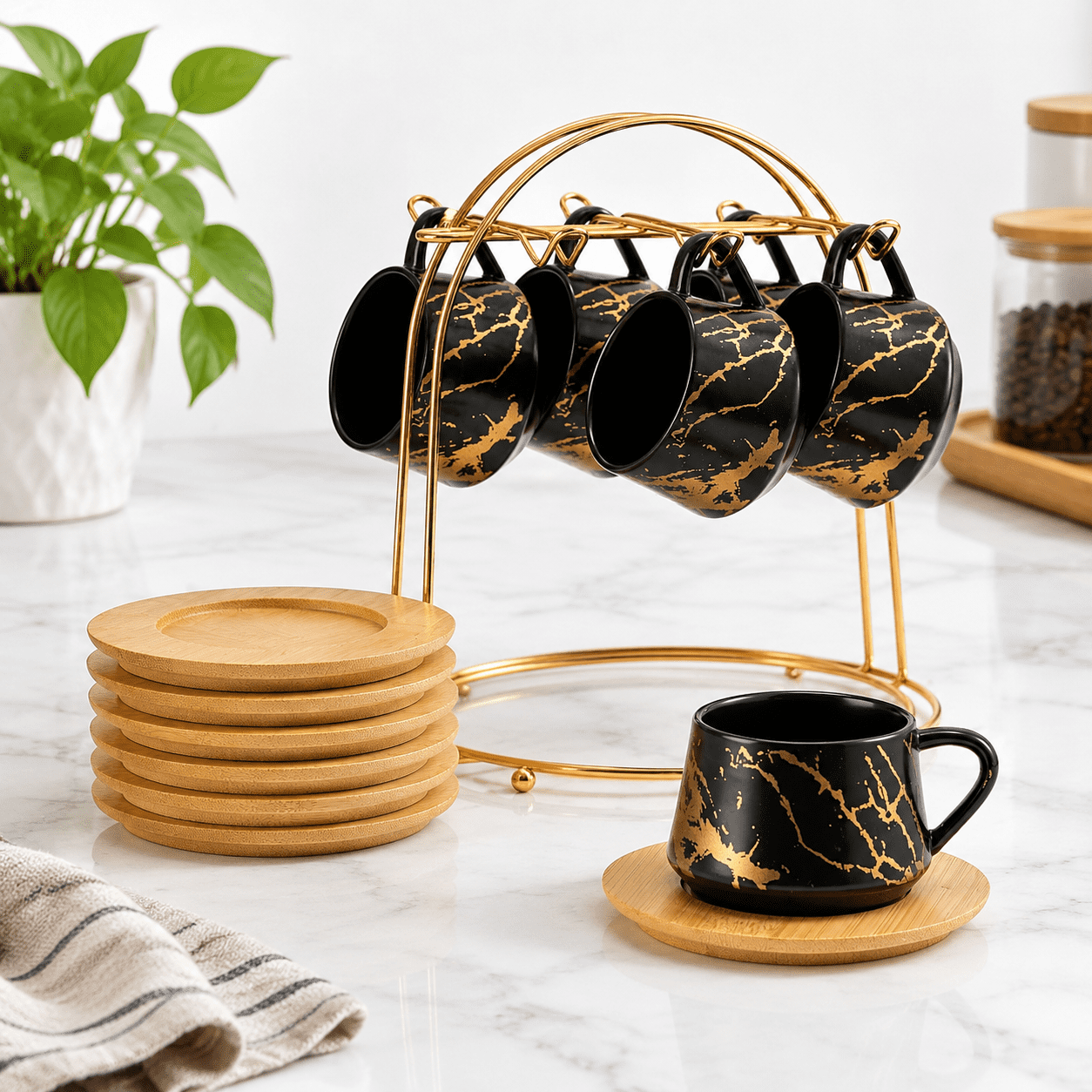 Ceramic Espresso Cups With Saucers And Metal Stand Small 4 Oz Porcelain ...