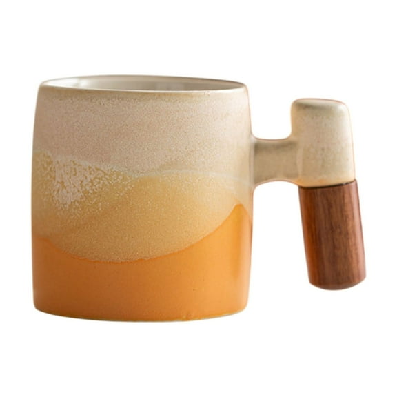 Ceramic Espresso Cups with Wood Handle, Handmade Pottery Mugsfor Coffee, Tea, Latte - Dishwasher Safe, Wood Styles, Gift & Cafe Use, Yellow