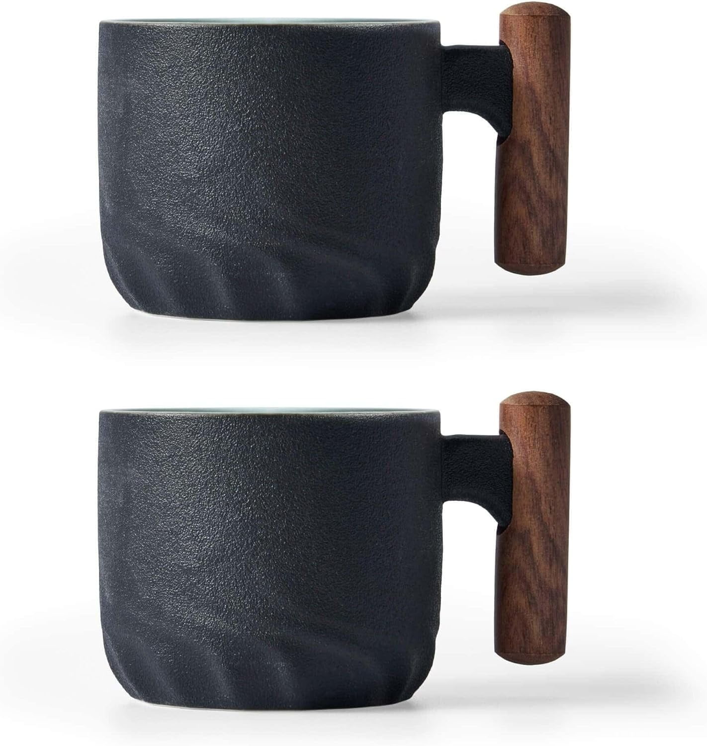 Ceramic Espresso Cups with Wooden Handle Shot Tea Porcelain Demitasse for Coffee or Tea, 2oz (black, 2)