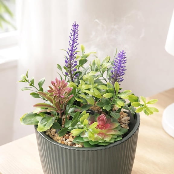 Ceramic Essential Oil Diffuser with Artificial Succulent Plants, 100ml Ultrasonic Aromatherapy Humidifier with 7 Color Night Light and Auto Shut-Off for Home Office