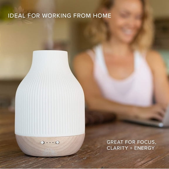 Ceramic Essential Oil Diffuser – Ultrasonic Aroma Diffuser with Wood Base, Ambient LED Light and Timer Settings