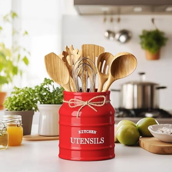 Ceramic Farmhouse Utensil Holder for Kitchen Counter, Large Rustic Utensil Crock, Countertop Cooking Tool Spatula Organizer, 6.75” (Red)