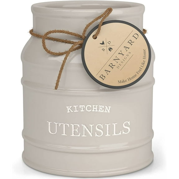 Ceramic Farmhouse Utensil Holder for Kitchen Counter, Large Rustic Utensil Crock, Countertop Cooking Tool Spatula Organizer, 6.75” (Taupe)