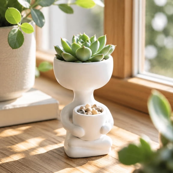 Ceramic Figurine Planter for Succulents and Mini Cacti, Desktop and Balcony Decor