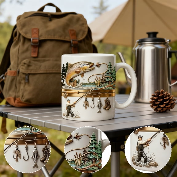 Ceramic Fishing Mug - 350ml Funny Fisherman Drinkware, Coffee Mug For Cold Weather Outdoor Use, Large Handle And Spill Resistant Feature, Camp Drinkware Feature, Suitable For Camping Home Party