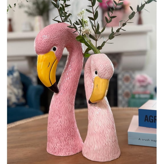 Ceramic Flamingo Vase Duo Set - 14" & 10.5" Pastel Pink Glossy Tropical Home Decor for Shelf, Entryway, Nursery