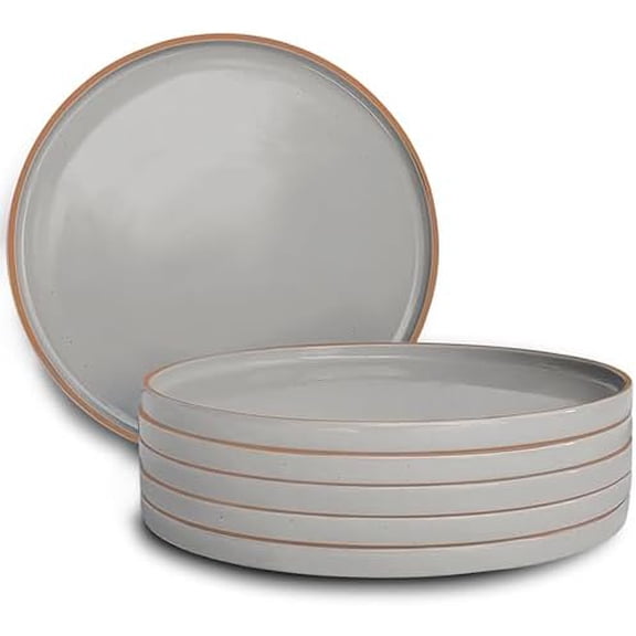 Ceramic Flat Dinner Plates Set of 6, 10.5 in High Edge Dish Set - Microwave, Oven, and Dishwasher Safe, Scratch Resistant, Modern Dinnerware- Kitchen Porcelain Serving Dishes - Earl Grey
