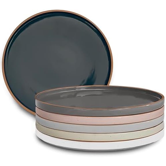 Ceramic Flat Dinner Plates Set of 6, 10.5 in High Edge Dish Set - Microwave, Oven, and Dishwasher Safe, Scratch Resistant, Modern Dinnerware- Kitchen Porcelain Serving Dishes - Assorted Neutrals