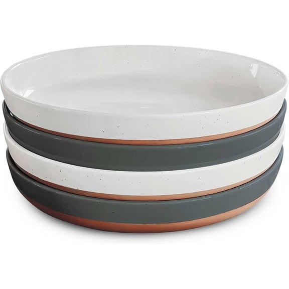 Ceramic Flat Pasta Bowl Set of 4  35 oz, Microwave-Safe, High-Edge Modern Serving Bowls in Vanilla and Charcoal