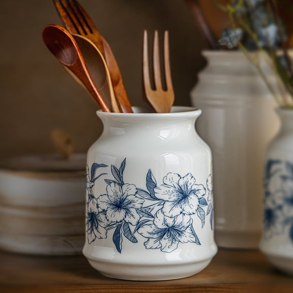 Ceramic Floral Vase & Utensil Holder Blue Flower Stoneware Jar, 4.7 Inch Tall Decorative Kitchen Canister for Countertop, Farmhouse Home Dcor