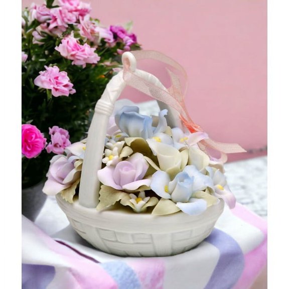 Ceramic Flower Basket Figurine 3.5 Inch Gift for Nature Lover Mom