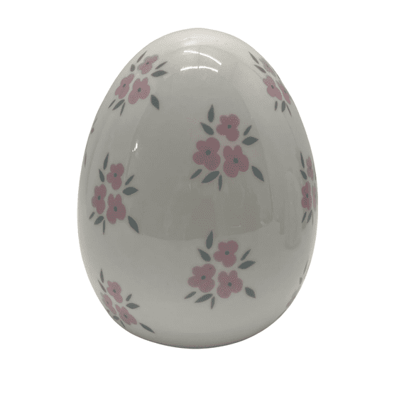 Ceramic Flower Easter Egg Decoration, 6" Pink & White Hand-Painted Egg Figurine, Reusable Spring Tabletop Decor for Easter Brunch, Home Mantel & Holiday Display