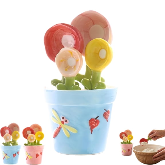 Ceramic Flower Measuring Spoons & Cups Set – 4 Pcs with Flower Pot Base, Cute Baking Tools for Kitchen