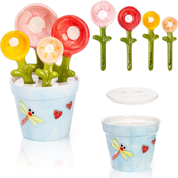 Ceramic Flower Measuring Spoons, Flower Baking Scale Spoons with Base Set,Cute Flower Figurine, Dry Wet Ingredients Dishwasher Safe, Gift for Bakers