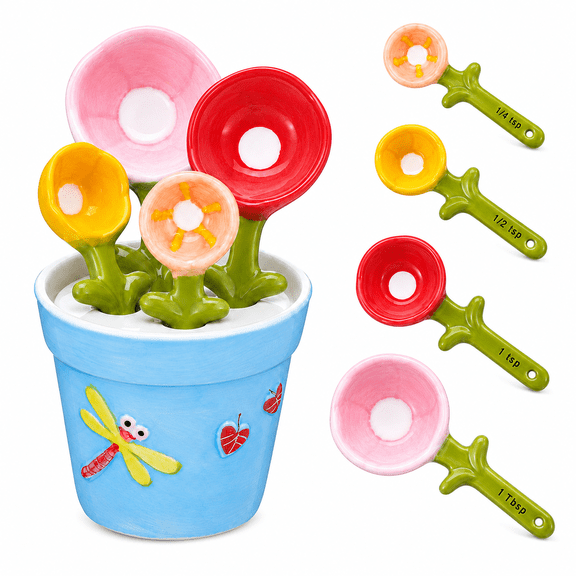 Ceramic Flower Measuring Spoons Set with Holder, Cute Floral Baking Measuring Spoons and Cup for Dry & Liquid Ingredients, Decorative Kitchen Utensils Gift for Sugar, Salt, Spices, Coffee