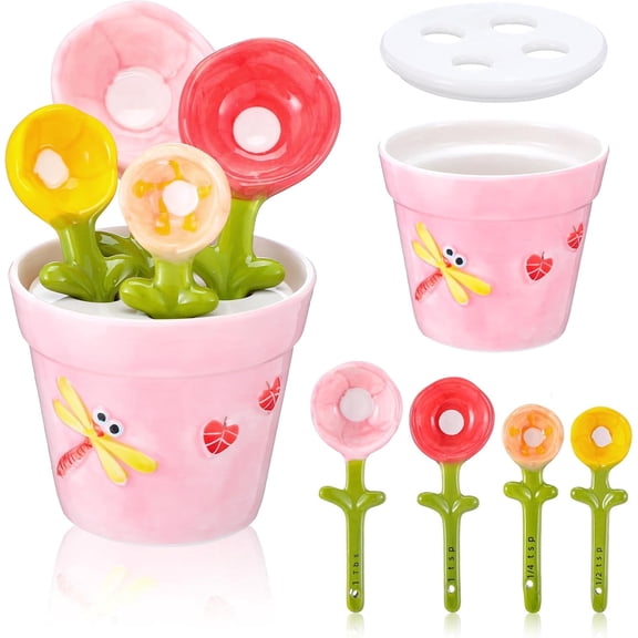 Ceramic Flower Measuring Spoons Set in Pot, Cute Baking Liquid Dry Ingredient Cups Spoons Holder, Novelty Kitchen Decoration Birthday Gift (Pink)