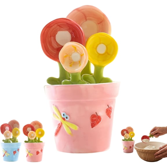 Ceramic Flower Measuring Spoons and Cups Set with Flower Pot Base, Cute Decorative Baking Measuring Tools for Home Kitchen