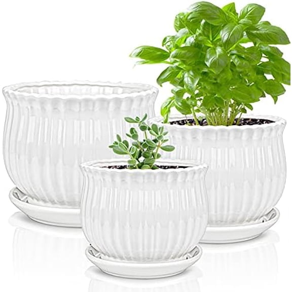Ceramic Flower Plant Pots with Saucer, Set of 3 in Different Sizes, Modern Round Ceramic Succulent Planter Pots with White Stripe Texture for Garden$$Garden & Patio