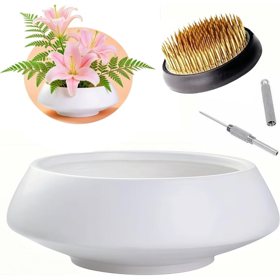 Ceramic Flower Pot Flower Arrangement Set Japanese Ikebana Floral Art Supplies Flower Bowl Decorative Flower Vase for Centerpieces (Large White)