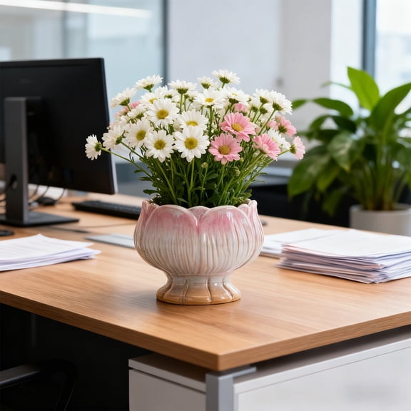 Ceramic Flower Pot | Gradient Petal Planter | Streamlined Breathable Glossy Vessel for Small Succulents, Indoor Decor, Water Lily | Multicolor | 2.56 in.