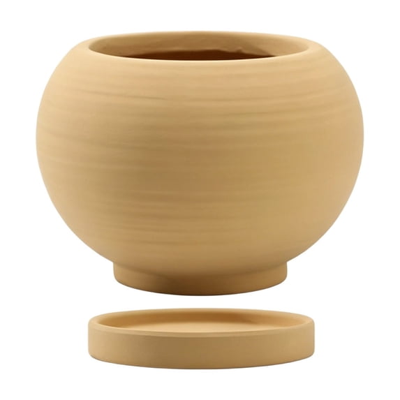 Ceramic Flower Pot with Tray for Indoor Plants, Matte Spherical Striped Planter with Saucer, Scandinavian Style Pot for Fresh Flowers, Cacti, and Home Decor