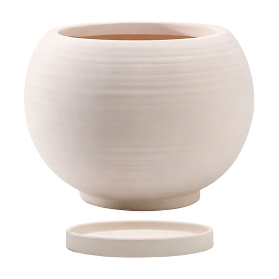 Ceramic Flower Pot with Tray for Indoor Plants, Matte Spherical Striped Planter with Saucer, Scandinavian Style Pot for Fresh Flowers, Cacti, and Home Decor