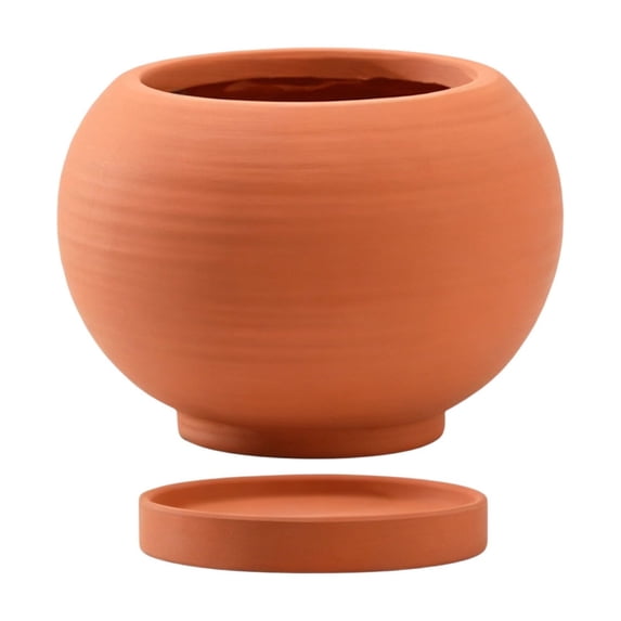 Ceramic Flower Pot with Tray for Plants, Matte Spherical Striped Planter with Saucer, Scandinavian Style Ceramic Planter for Fresh Flowers and Cacti Indoor Decor