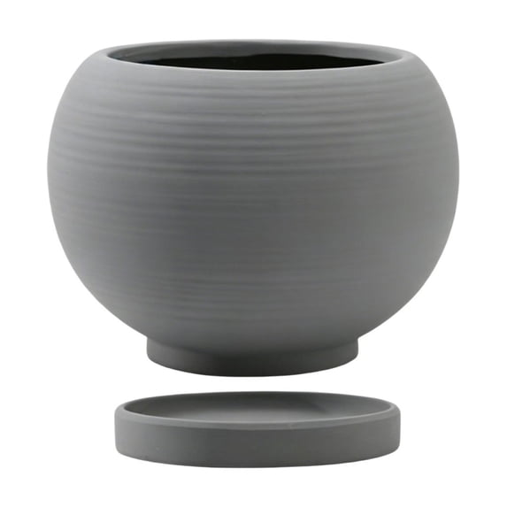 Ceramic Flower Pot with Tray for Plants, Matte Spherical Striped Planter with Saucer, Scandinavian Style Ceramic Planter for Fresh Flowers and Cacti Indoor Decor