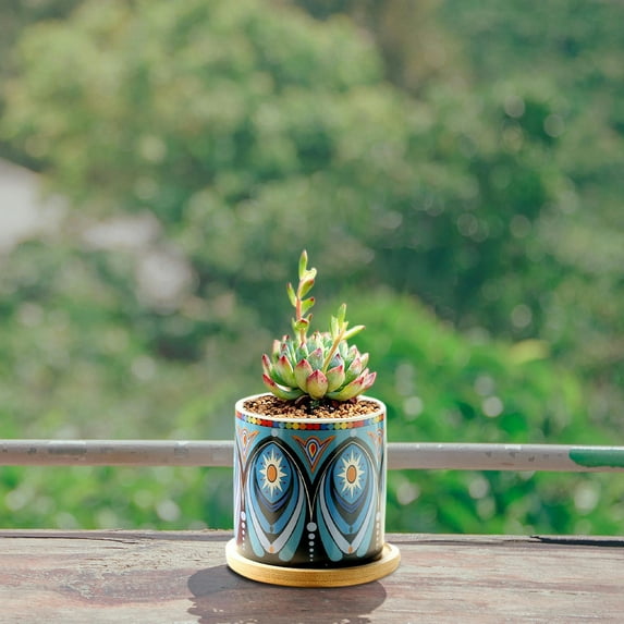 Ceramic Flower Pot for - Flowerpots with Dish Decorative Planter for Living Room Bedroom, Elegant Pattern Indoor Pot