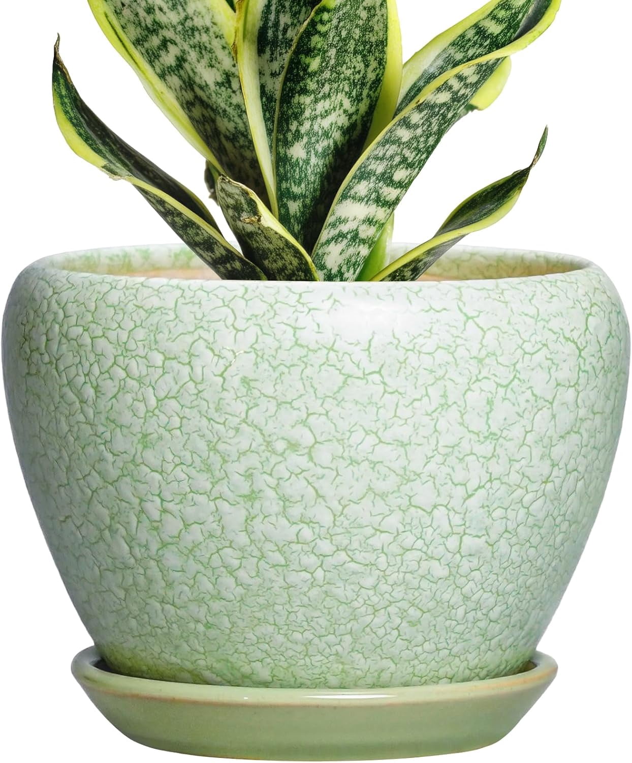 Ceramic Flower Pots - 6 Inch Plant Pot with Drainage Hole and Saucer, Modern Plant Pots for Indoor Succulent Plants, Round Indoor Planter, House Decor, Gardening Gifts, Crackle Light Green
