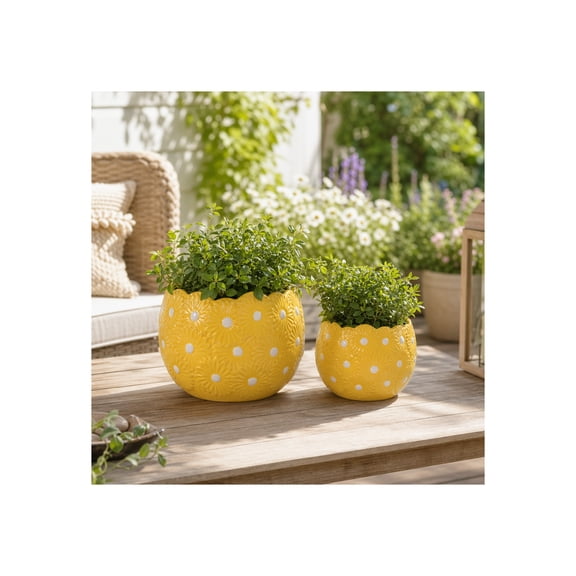 Ceramic Flower Pots with Daisy Print for Home Decor - Indoor and Outdoor Decorative Plant Pots - Garden Planter for Patio, Living Room, and Sunrooms - Set of 2, 7", 5", Yellow & White